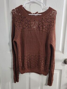 Brown y2k open knit crochet stretchy sweater boho lagenlook stretchy small